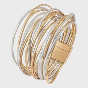 Gold + Silver Stacked Multi Strand leather  Bracelet Magnetic Layered Boho Cuff